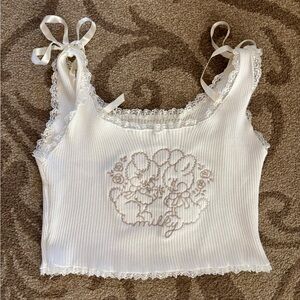LIZ LISA Cream Ribbed Top with Lace Detail